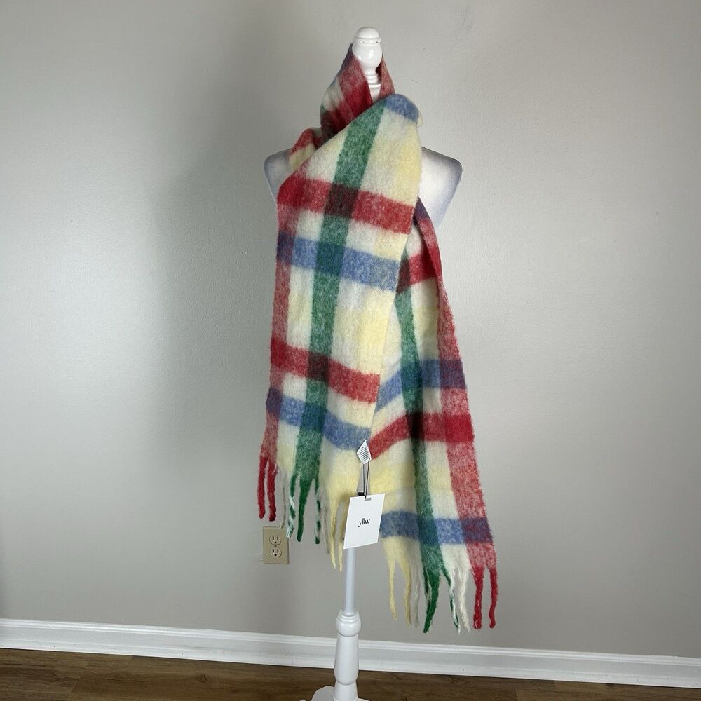 Yellow The Label Lea Oversized Blanket Scarf Fringe Plaid Wool Yllw New